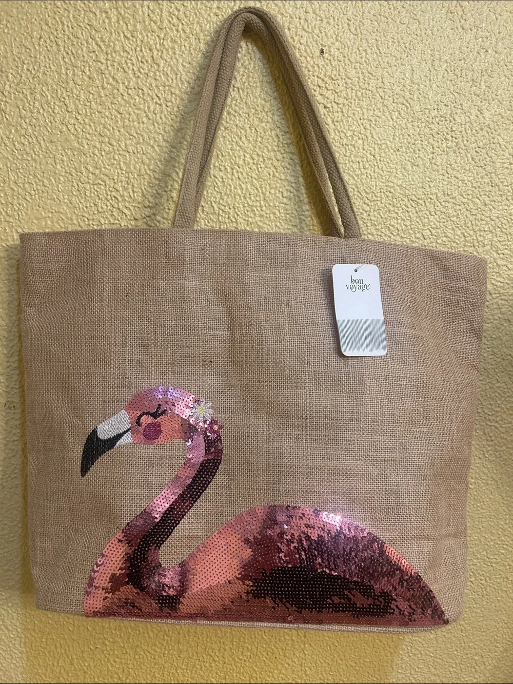 Pink Sequin Flamingo Jute Tote